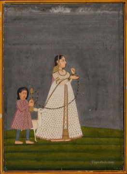 Indian Painting - Lady with huqqa held by child 1800 India